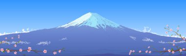 Japon dağ manzarası, vahşi doğa. Fuji Dağı Japonya 'nın sembolüdür. Kiraz çiçeği dalı, açık mavi gökyüzünün altındaki dağ sırası. Sanat çizimi, panoramik görünüm, vektör illüstrasyonu.