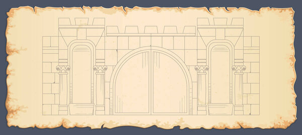 Панорамный холст, изображающий крепость. Древняя архитектура замка, ворота, башни, колонны, каменная стена. Контурный технический рисунок. Бумажный шаблон, эскиз, карикатура, векторная иллюстрация.