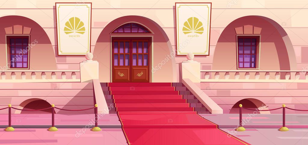 Award ceremony, red carpet, palace architecture. Carpeted ceremonial staircase, golden railing posts, stone square, arched front of the building. Columns, balcony, parapet. Cartoon vector illustration