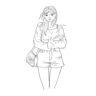 Kız kollarını kavuşturmuş bir şekilde duruyor. Rüzgâr saçlarını sallıyor. Uzun kollu kazak, şort, çanta. El çizimi, taslak, taslak. Beyaz arka planda izole edilmiş. Vektör illüstrasyonu.