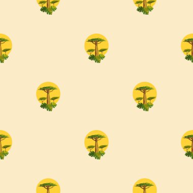 Baobab, ağaç ve tropikal yapraklarla donatılmış kusursuz bir arka plan. Afrika tarzında basit bir model. Sanatsal çizim, vektör çizimi. Pankart, duvar kağıdı, ambalaj kağıdı..