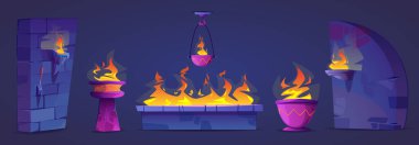 Set of flames in cartoon style. Burning torch, bowl, pedestal. Hanging fire bowl on a hook. Elements of stone and brick wall with lever. Ancient ruins, dungeon, adventure. Vector illustration. clipart