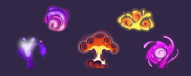 Enerji görsel efektleri ayarlandı. Çizgi film tarzında patlamalar. Plazma dönüşü, enerji sarmalı, enerji akışı, enerji bacası, enerji portalı, mantar patlaması. Fantezi, bilim kurgu, vektör illüstrasyonu