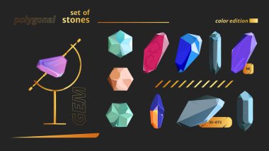 Çokgen renkli taşlar seti, altın tutucu. Jeoloji, mücevher, mücevher, çokgen şekil. Doğal ve sentetik mineraller. Değerli taşlar, mücevherler, kristaller. Sanat çizimi, vektör illüstrasyonu.