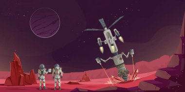 Robot sondajcılar gezegenin yüzeyinden mineraller çıkarıyorlar. Sondaj kulesi, lazer ışını, güneş paneli. Astronot mühendisleri madencilik sürecini kontrol ediyor. Gelecekteki teknolojiler, bilim kurgu. Vektör illüstrasyonu.