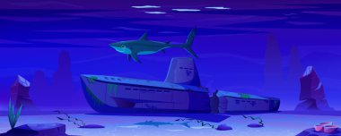 Okyanusun dibindeki yok edilmiş denizaltı. Rocky resifi, okyanus bitkileri, okyanus rahatlaması. Köpekbalıklarıyla birlikte deniz altı. Vahşi yaşamın sualtı dünyası. Köpekbalığı çizgi film karakteri. Vektör illüstrasyonu.