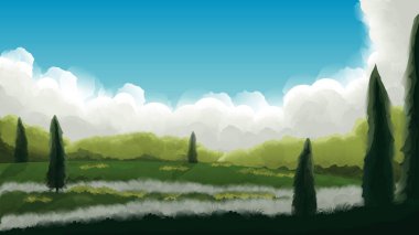 Panoramik orman manzarası. Ufuktaki kümülüs bulutları, yaprak döken ağaçlar, kozalaklı ağaçlar, orman boyunca süzülen sis, vahşi doğa. Suluboya tekniği, el çizimi. Vektör illüstrasyonu.