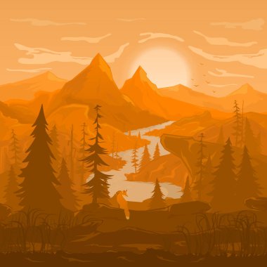 Vahşi doğanın manzarası. Ufukta güneş, dağ sırası, kozalaklı orman, dolambaçlı nehir, kayalık arazi, uçurumlar, kuş sürüsü, tilki sürüsü. Kahverengi-turuncu, terracotta tonlarında kompozisyon. Vektör illüstrasyonu.