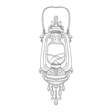 Klasik lamba, el feneri. İşlemeli, değerli taşlardan yapılmış bir kolye. Metal, cam, mücevher. El çizimi, taslak, taslak. Beyaz arka planda izole edilmiş. Vektör illüstrasyonu.