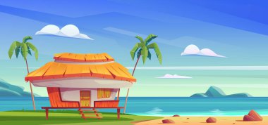 Tropikal bir gökyüzünün altında deniz kenarında bir bungalov. Plajda güzel bir ev palmiye ağaçları, palmiye dallarıyla kaplı bir çatı, ahşap bir veranda ve Hawaii 'de tropikal bir plaj. Vektör çizgi film illüstrasyonu
