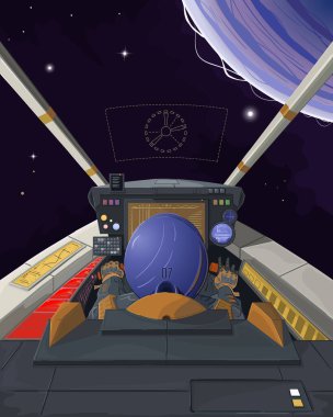 Uzay aracının kokpitinden görüntüyü al. Uzayda uçuş, gelecekteki teknolojiler, HUD, astronot pilotu, açık uzay, yıldızlar, gezegen. Bilim kurgu, çizgi film, çizgi roman, el çizimi. Vektör illüstrasyonu.
