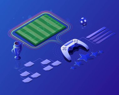 Futbol sahası, kupa, top, turnuva ızgarası, esportlar, oyun sahası. Yüksek kontrastlı arka plan, izometri, video oyunu. Sanal turnuva, online yarışma, en üst düzey. Şablon afişi, poster, sosyal medya.