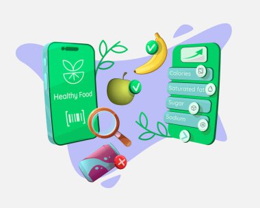 Gıda ürünlerini içerik ve malzemelerine göre analiz etmek için mobil uygulama. Akıllı telefon, mobil uygulama ekranı, meyve, soda, büyüteç. Reklam için şablon, afiş. Vektör karikatürü.