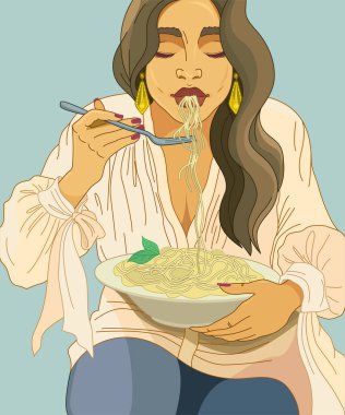 Kadın makarna yiyor. Tabakta büyük bir porsiyon spagetti. Genç bir kız, elinde çatalla iştahla yemek yer. Doğulu insan. Sanat portresi, kapalı gözler. Vektör illüstrasyonu.