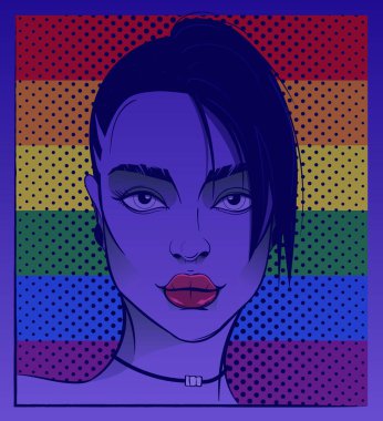 LGBT bayrağında arka planda genç bir kadın. El çizimi, grafik çizimler, çizgi roman tarzında bir kadın portresi. Baloncuklu Pop Art posteri. LGBTQ + topluluğu. Vektör illüstrasyonu.
