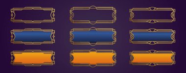 Art deco, Victoria dönemi, steampunk, retrofuturism tarzında dekoratif altın işlemeli çerçeveler. Dikdörtgen biçimli vintage çerçeve. Ui tasarım düğmesi, başlık. Şablon antika çerçeve, dokuma süsü.