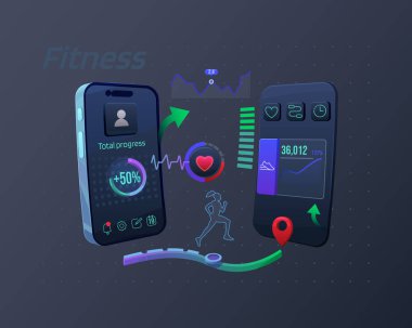 Fitness uygulaması, çalışan mobil uygulama. Grafikleri ve grafiği olan mobil uygulama ekranı, kalp atış hızı ölçümü, takip cihazı ve adım sayacı. Koşan bir kızın silueti, kullanıcı arayüzü tasarımı. Vektör illüstrasyonu.