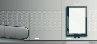 Çokgen desenli bir duvar. Yürüyen merdivenli bir salonun iç tasarımı, aydınlatılmış reklam panosu. Endüstriyel ekipman, ışıkkutusu şablonu A4 formatı. Mokup cam parlak panel. Vektör illüstrasyonu