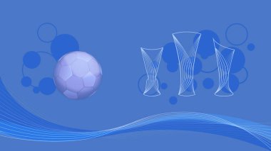 Açık mavi arka planda baloncuklu futbol topu. Kupa ya da futbol kupası koleksiyonu, el çizimi sanatı. İnce dalgalı çizgiler soyut bir şekilde kesişiyor. Spor vektörü illüstrasyonu.