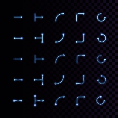 Vektör ok simgeleri kümesi. Yuvarlak ince ve hafif minimalist ok tasarımı. Neon renkleri, parlaklık, bulanıklık, karanlık tema. Masaüstü ve mobil uygulama, UI, bilgi grafikleri, iş planı, eğitim. İzole vektör kümesi.