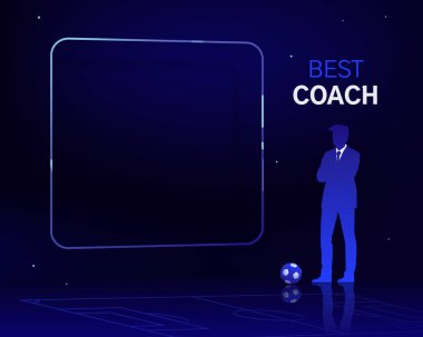 Futbol menajeri, takım elbiseli ve kravatlı bir adam. Mesaj için boş çerçeve, top için futbol sahası. Yüksek karşıtlık arka planı, parlak renkler, vektör çerçeve şablonu. Ödül, başlık kartı, blog yazısı, sosyal medya