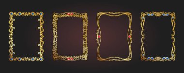 Taşlarla işlenmiş bir dizi altın çerçeve. Üzerinde bitki sanatı, çiçek elementleri, karalama girdapları ve el çizimleri olan altın çerçeveler. Projeniz için zarif a4 vektör şablonu, kontrol edin.