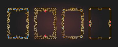 Mücevher taşlarıyla süslenmiş altın işlemeli çerçeve. Süslü desenli dekoratif antik çerçeve. Çerçeve şablonu a4 kağıt. Boho ve Viktorya tarzı, el yapımı, modern sanat. İzole vektör kümesi.