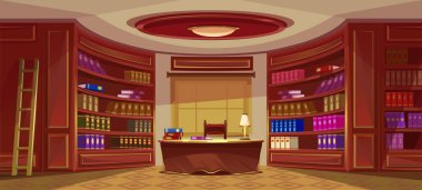 Kütüphanenin içi, kitaplık, kitaplık, masa, perdeli pencere. Oval ofis, dekore edilmiş mobilya, maun, halı. Büyük bir kitap koleksiyonu. Eski oda iç mimarisi. Vektör çizgi film illüstrasyonu.