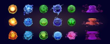 Taş tezgahlı sihirli toplar. Sihrin görsel efektleri. Element Enerjisi Etkileri. Oyun tasarımı, renkli enerji ışınları, yıldırım, plazma. Cam top, parlak yüzey. Vektör karikatürü