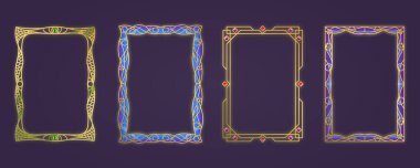 Çizgi film tarzında bir dizi altın vektör çerçevesi. Altın çerçeve A4 formatında. Kalıplı şablon, mücevher, vitray, ejderha pulu, kristal göz. İzole çerçeveler, maket, illüstrasyon.