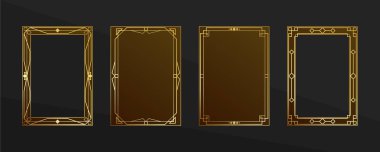 Altın çerçeveli oyma, altın çerçeveli şablon. İzole vektör seti. Soyut geometrik desen, etiket, ambalaj. Düzen A4 biçiminde, metin ya da logo yerleştir. Klasik, modern deco, lüks, sertifika diploması