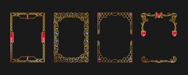 Altın dekoratif çerçeve, oymalı desen. Vintage çerçeve şablonu, izole vektör seti. Mücevher taşlı altın çerçeve, A4 formatı, antika, modern. Reklam, kitapçık, sertifika, düğün.