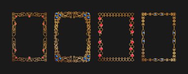Altın dekoratif çerçeve, oymalı desen. Vintage çerçeve şablonu, izole vektör seti. Mücevher taşlı altın çerçeve, A4 formatı, antika, modern. Reklam, kitapçık, sertifika, düğün.