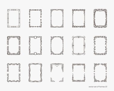 Çerçeve seti, el çizimi, kağıt ve mürekkep. A4 çerçeve şablonu, izole edilmiş vintage çerçeve seti, art deco, modern, fantezi, çiçek, düğün deseni, dekoratif ayırıcı, kapak, diploma, model.