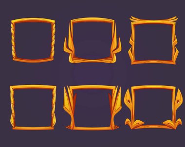 Altın çerçeveli UI oyunu tasarımı. Çizgi film tarzında çerçeve şablonu. İzole edilmiş vektör çerçeveleri. Avatar için dekoratif çerçeveler, metin, sosyal medya, afiş, web ve mobil tasarım, kapak kitabı.