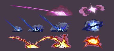 Silah görsel efektleri, top mermisi, roket ya da bomba patlaması, plazma patlaması, lazer silahı, havada patlama. Şablon 2D animasyon, video oyunu, çizgi roman. Vektör çizgi film illüstrasyonu