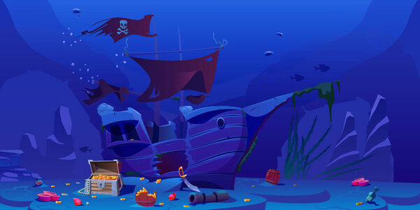 Sunken pirate ship on the seabed. Pirate treasure ship, treasure chest, gold coins, gems, pearls. Underwater landscape with an old ship, pirate sword, cannon. Adventure, treasure hunt. Vector cartoon.