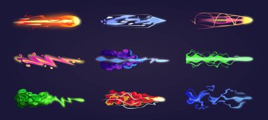 Vfx silah etkisi. Uzay silahı atışı, lazer, ışın silahı, plazma ışınları, şimşek, duman, ışın silahı. Hafif görsel efektler. Renkli enerji atış efektleri. 2D video oyunu. Vektör çizgi film illüstrasyonu.