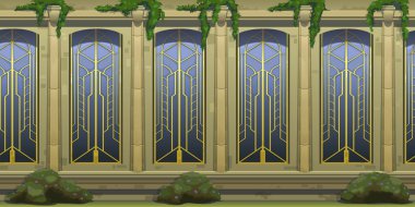 Saray mimarisi, sütunları ve pencereleri olan ön cephe, Steampunk tarzında altın antika desenlerle süslenmiş. Vazolarla, sarmaşıklarla, bahçedeki dekoratif çiçeklerle dolu çalılarla. Vektör karikatürü.