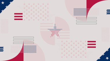 Geometrik elementlerin ve Amerikan sembollerinin olduğu minimalist soyut arka plan. Basit arka plan, soyut şekillerin Amerikan tarzında geometrisi. Masaüstü duvar kağıdı, poster, afiş, vektör illüstrasyonu.