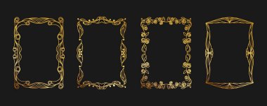 Klasik altın çerçeve a4 kağıt, oymalı desenli. Süslü klasik çerçeve şablonu. Soyut geometri, dekoratif, çiçekli, düğün, ödül, davetiye, aile mirası, lüks. İzole vektör kümesi.