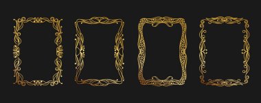 Kalıplı altın kaplama a4 kağıt. Klasik çerçeve şablonu, klasik süs, Asya dekor unsuru, ölçek, kıvrım ve vignette, düğün çiçeği, bukle ve vignette. İzole vektör kümesi.