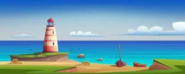 Kayalık bir deniz resifi olan sahilin manzarası. Sahildeki tuğla deniz feneri. Yeşil tepeler, kumlu sahil, kıyıda balıkçı tekneleri. Açık okyanus, deniz manzarası, doğa, parallax. Vektör çizgi film illüstrasyonu.
