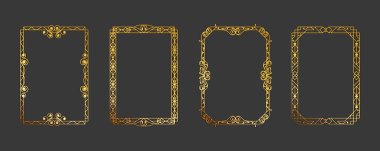 Altın işlemeli çerçeve seti. Klasik çerçeve şablonu a4 kağıt. Dekoratif, fantezi, bölücü, kıvırcık ve canlı, Arap unsurları, çiçek deseni, davetiye, asil, süslü. İzole vektör kümesi.