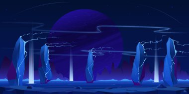 Buz gezegeninin uzay manzarası. Gezegende şiddetli elektrik fırtınası, yıldırım çarpması, elektrik radyasyonu, aurora, ışık sütunları, elektrik rüzgarı, görsel efektler. Bilim kurgu arkaplan, vektör.