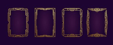 Steampunk tarzında altın işlemeli çerçeve. Boş çerçeve şablonu A4 biçiminde. Dekoratif sanat, art deco, heraldry, mücevher, soyut geometri, süsleme sınırı, dış hat deseni, yazdırılabilir, vektör seti.