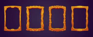 A4 formatında bir oyma altın ya da oyulmuş ahşap çerçeve. El çizimi. Desenli dekoratif çerçeve şablonu. Süslerle, buklelerle, florlarla, pullarla, mozaiklerle süslenmiş bir çerçeve..