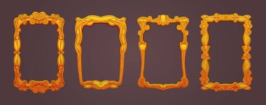 Oyma altın ya da oyma ahşap çerçeve. Dekoratif desenli çerçeve şablonu a4 biçimi, zarif heraldry elementleri, çiçek, geometrik süs, izole edilmiş klasik çerçeveler, vektör karikatürü.
