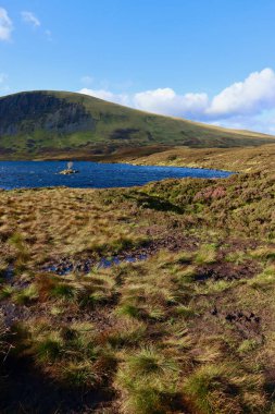 Grey Mare 's Tail Şelalesi' ndeki Skeen Gölü. Mavi gökyüzü, yeşil çimenler ve dalgalı tepecikli İskoçya. 