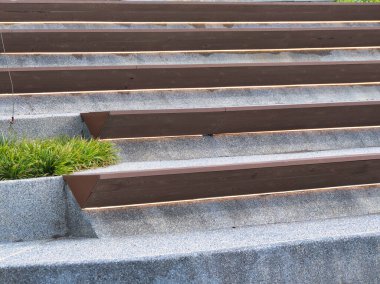 Gri beton basamaklı modern merdivenler, ahşap aksanlar ve doğal bir dokunuş için yeşillik bölümleri..